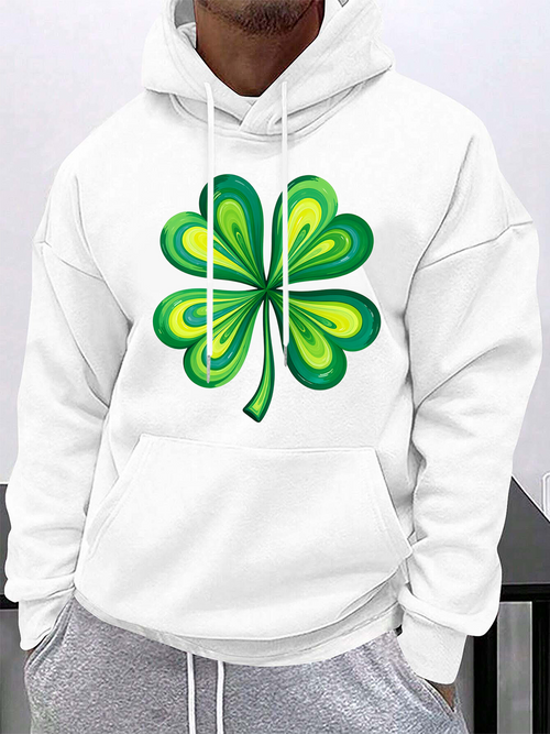 Men's Graphic Hoodie Bright Green Artistic Swirling Pattern Four Leaf Clover