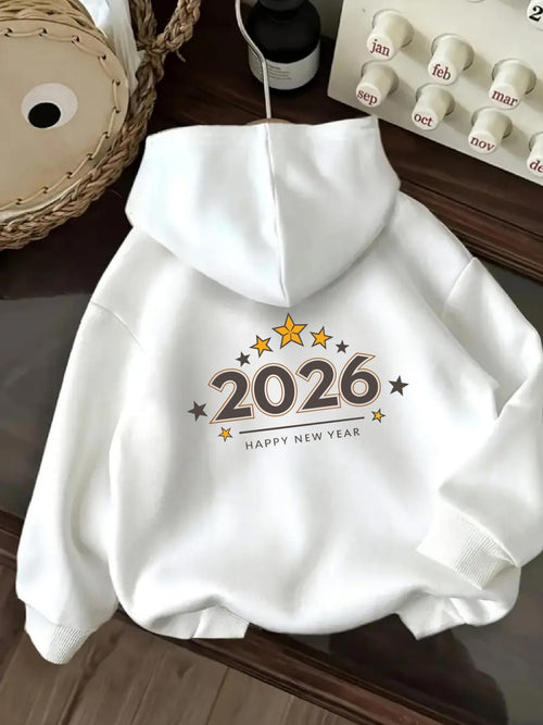 Women's Graphic Hoodie Happy New Year Golden Stars On Crisp White Hoodie