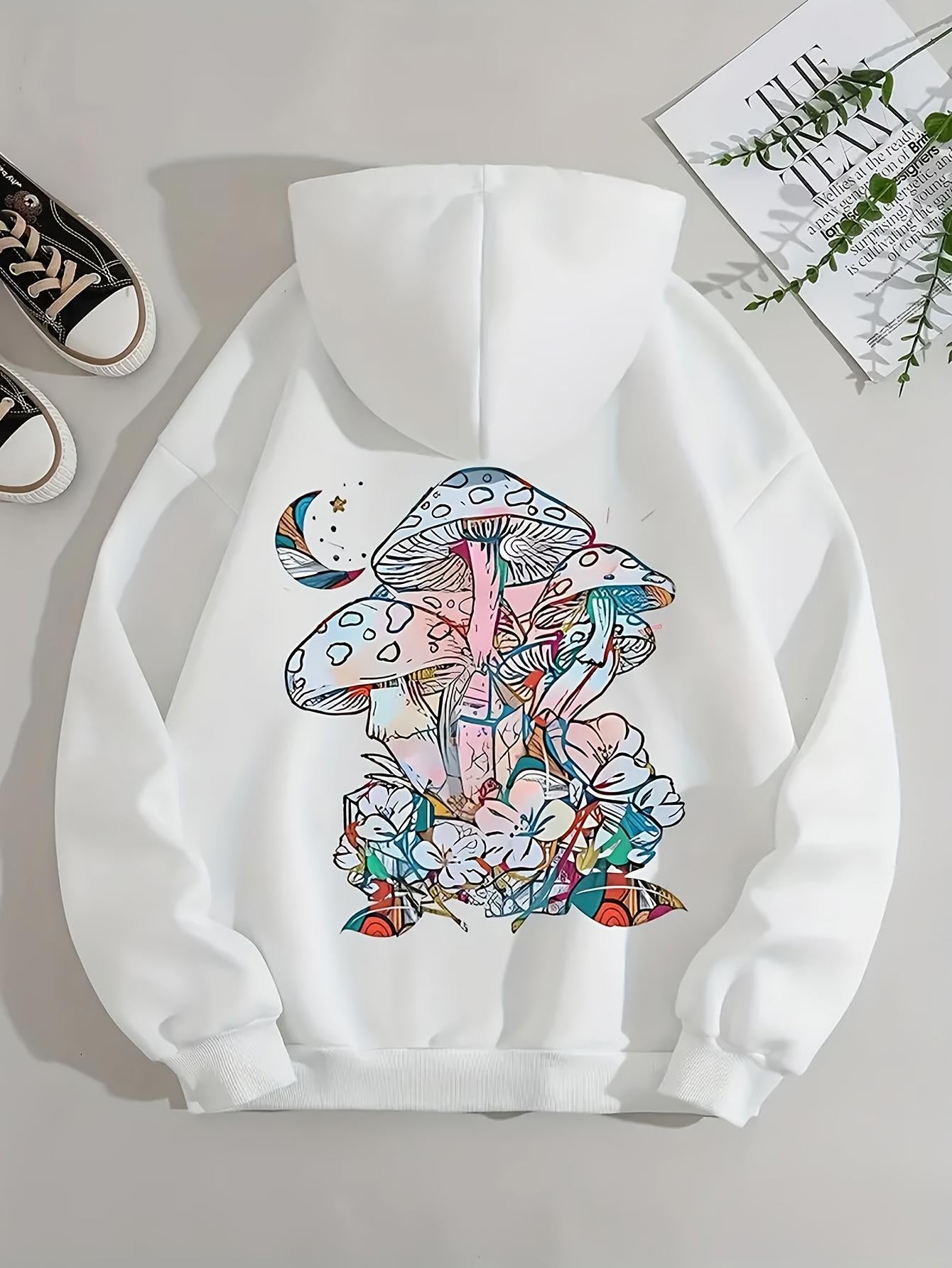 Women's Graphic Hoodie Colorful Blossoms With Crescent Moon Surrounding Large Wild Mushrooms