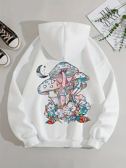 Women's Graphic Hoodie Colorful Blossoms With Crescent Moon Surrounding Large Wild Mushrooms
