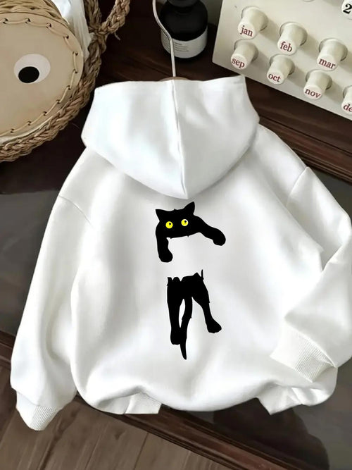Women's Graphic Hoodie Bright Eyed Black Cat Illustration With Simple Minimalist White Hoodie