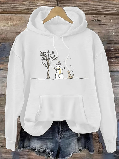 Women's Graphic Hoodie Winter Landscape With Bare Tree Snowman And Curious Dog