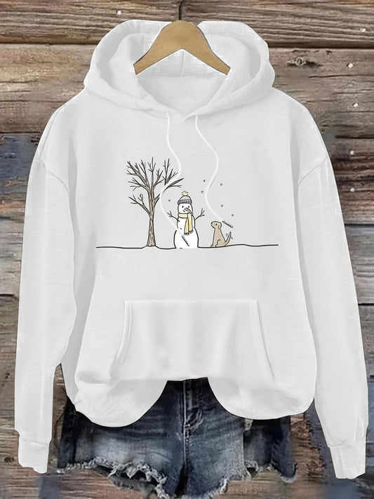 Women's Graphic Hoodie Winter Landscape With Bare Tree Snowman And Curious Dog