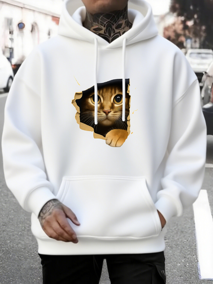 Men's Graphic Hoodie Curious Eyes Peering Through Cracked Wall Playful Fluffy Brown Cat