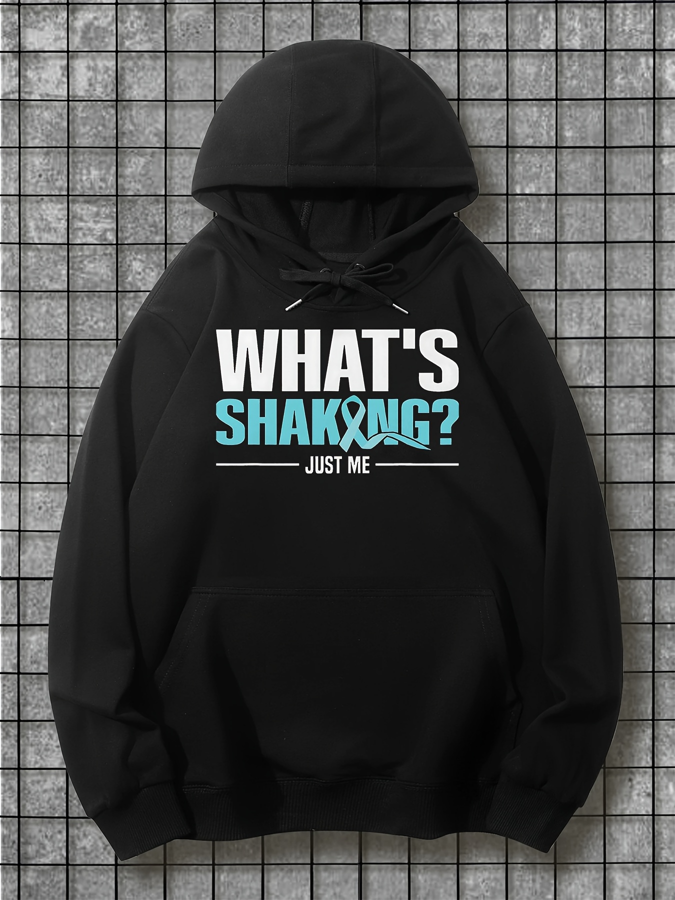Men's Graphic Hoodie Whats Shaking Just Me Bold Blue Lettering Over Black Hoodie