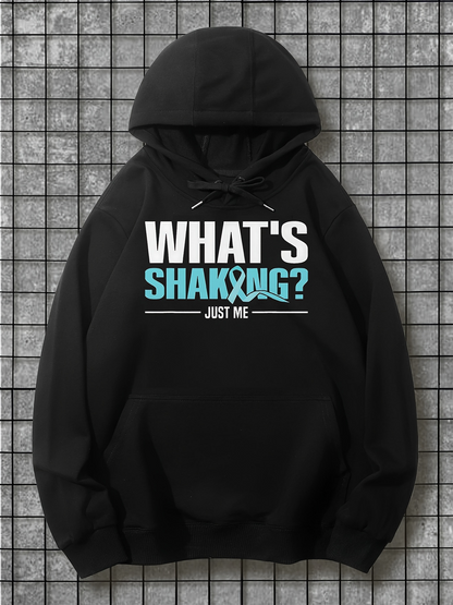 Men's Graphic Hoodie Whats Shaking Just Me Bold Blue Lettering Over Black Hoodie