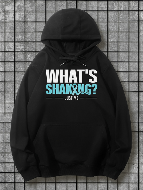 Men's Graphic Hoodie Whats Shaking Just Me Bold Blue Lettering Over Black Hoodie
