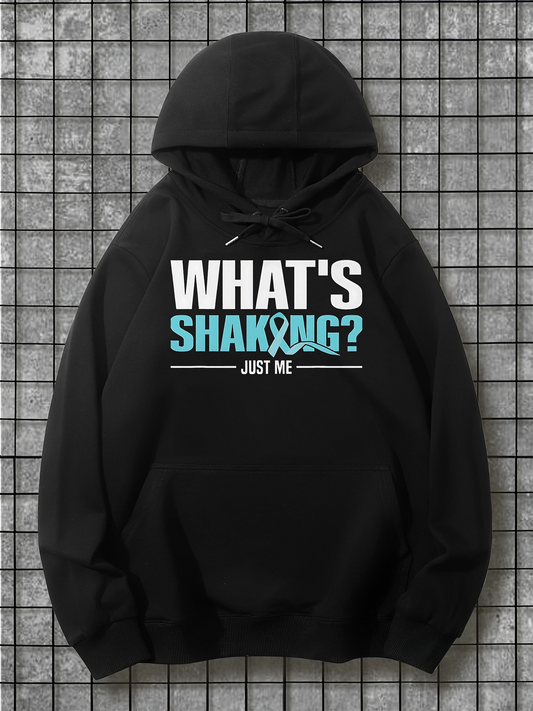 Men's Graphic Hoodie Whats Shaking Just Me Bold Blue Lettering Over Black Hoodie