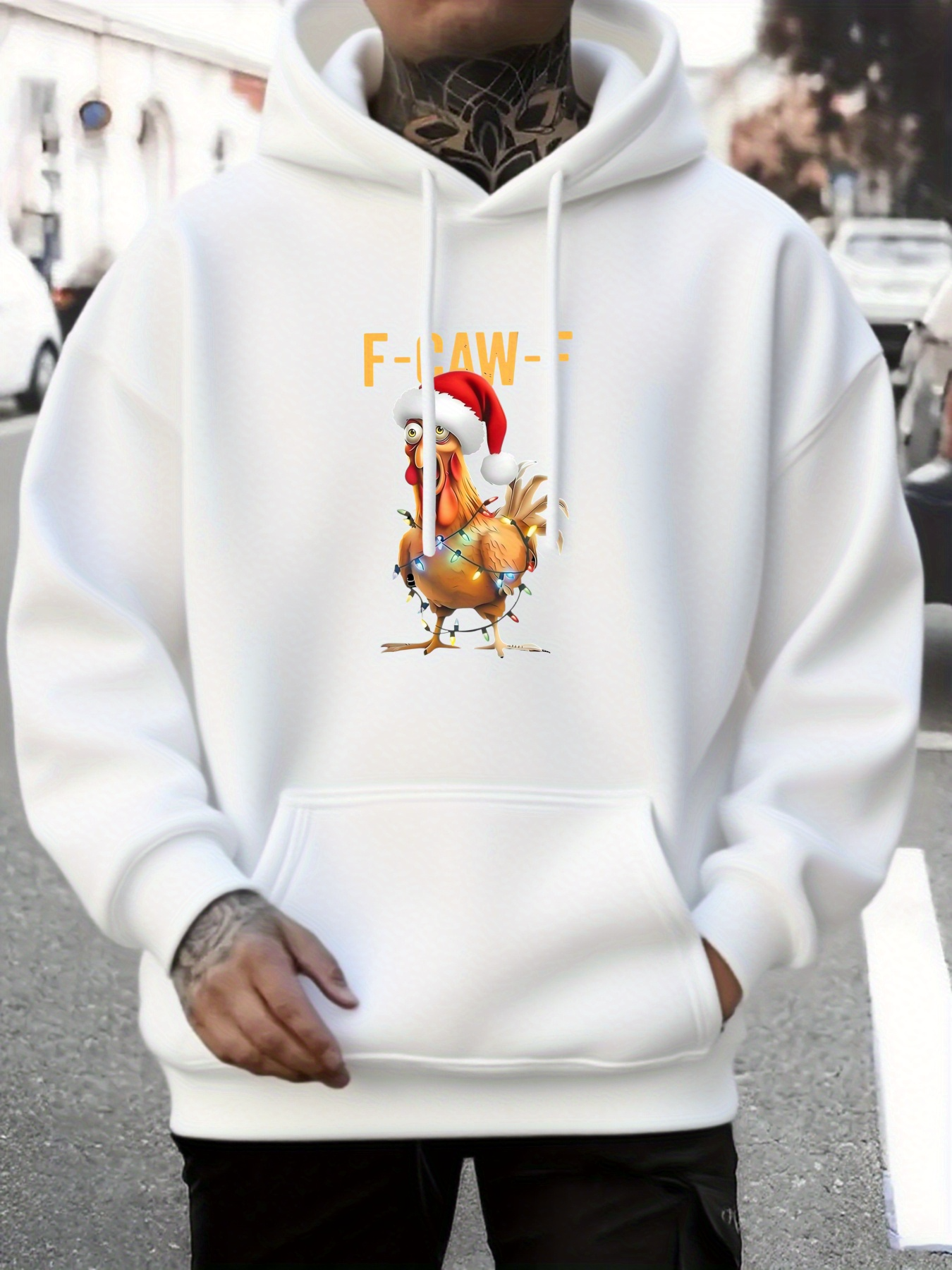 Men's Graphic Hoodie Festive Chicken Wearing Red Santa Hat Standing Proudly Chicken
