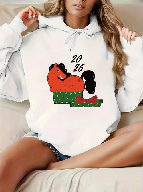 Women's Graphic Hoodie Playful Red Horse Sitting On Patterned Green Box