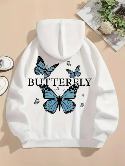 Women's Graphic Hoodie Butterfly Large Blue Wings With Delicate Flying Insects Butterfly