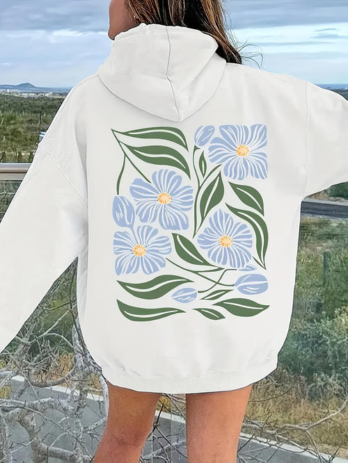 Women's Graphic Hoodie Pastel Blue Petals With Flourishing Greenery Blooming Flower