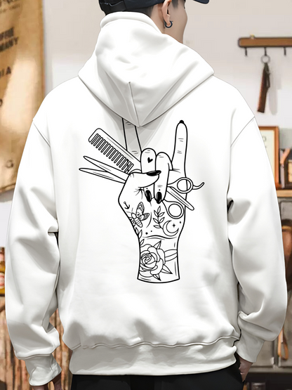 Men's Graphic Hoodie Tattooed Hand With Scissors And Combs Held High Gesture