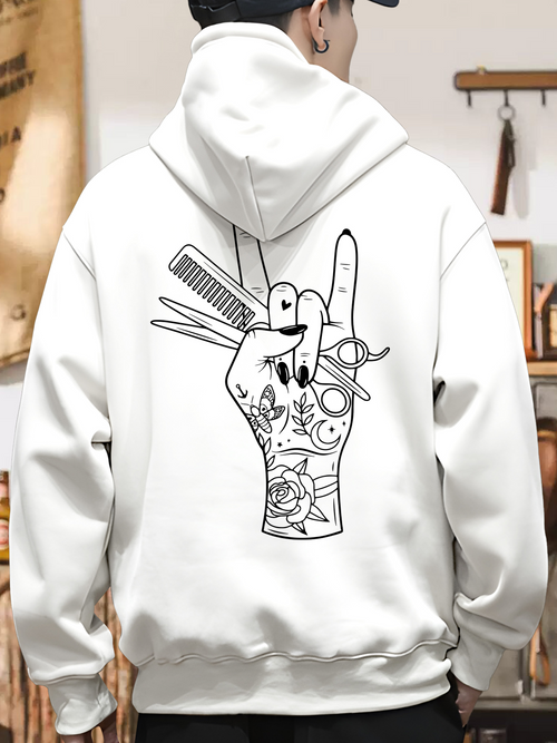 Men's Graphic Hoodie Tattooed Hand With Scissors And Combs Held High Gesture