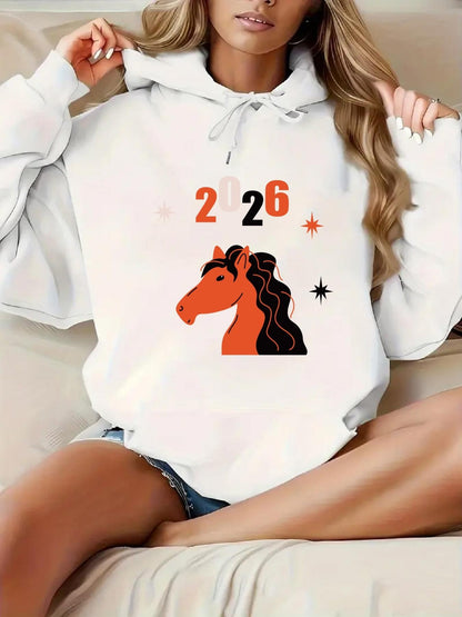 Women's Graphic Hoodie Modern Illustration With Stars And Black Mane Horse