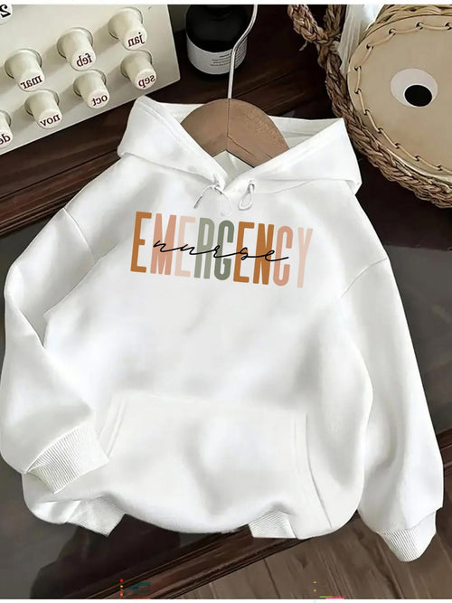 Women's Graphic Hoodie Emergency Overlapping Multicolored Letters On Clean White Hoodie