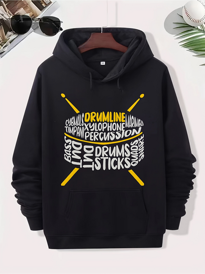 Men's Graphic Hoodie Drumline Music Words With Yellow Sticks Surrounded By Percussion Drum