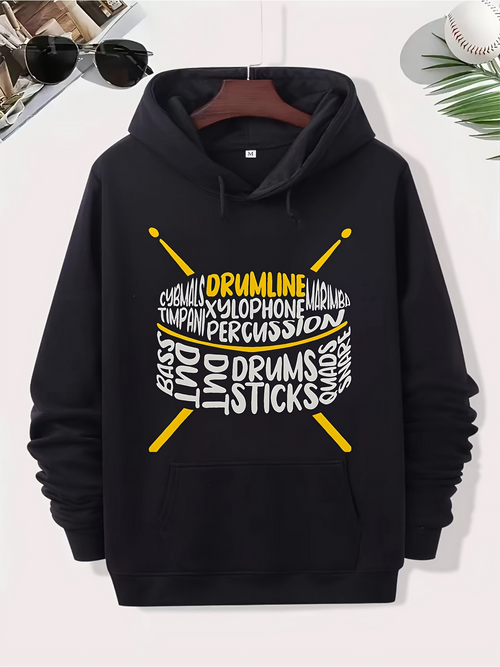Men's Graphic Hoodie Drumline Music Words With Yellow Sticks Surrounded By Percussion Drum