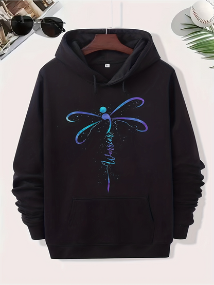 Men's Graphic Hoodie Blue Neon Swirl With Dotted Wings Featuring Stylized Dragonfly