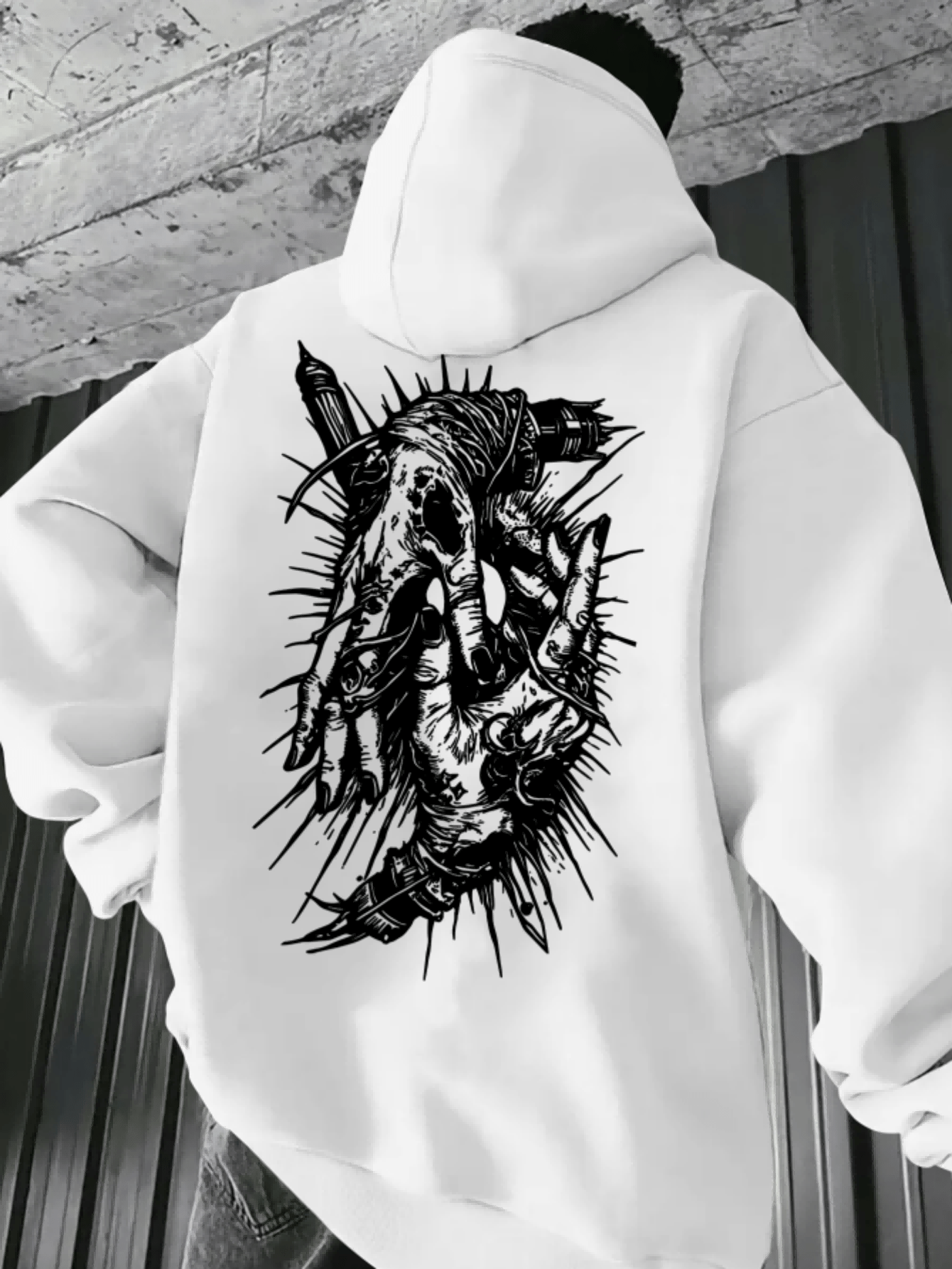 Men's Graphic Hoodie Barbed Wire Surrounding Bony Skeleton Hand Amid Urban Shadows Hoodie