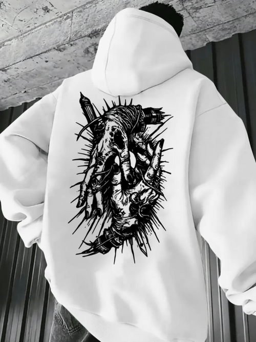 Men's Graphic Hoodie Barbed Wire Surrounding Bony Skeleton Hand Amid Urban Shadows Hoodie