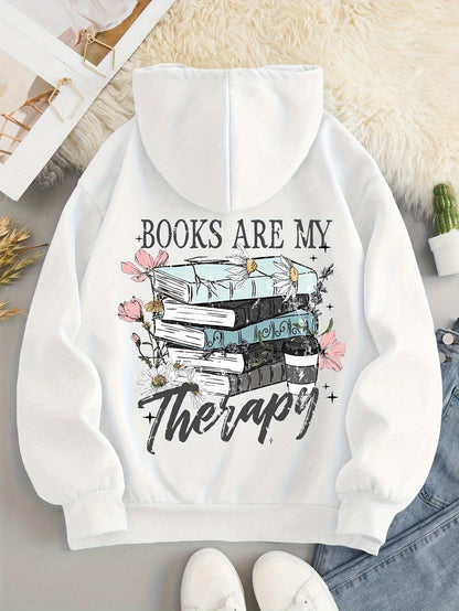 Women's Graphic Hoodie Books Are My Therapy Pastel Flowers And Stacked Hardcover Books Hoodie
