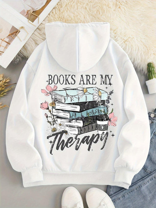 Women's Graphic Hoodie Books Are My Therapy Pastel Flowers And Stacked Hardcover Books Hoodie
