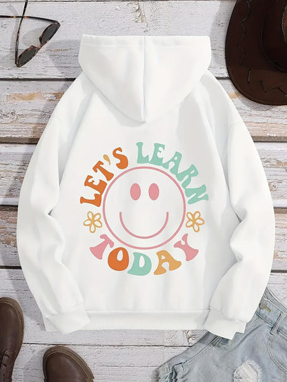 Women's Graphic Hoodie Lets Learn Today Smiling Face Surrounded By Cheerful Retro Flowers