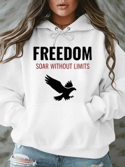 Women's Graphic Hoodie Freedom Soar Without Limits Flying Eagle Silhouette On Minimalist White Hoodie