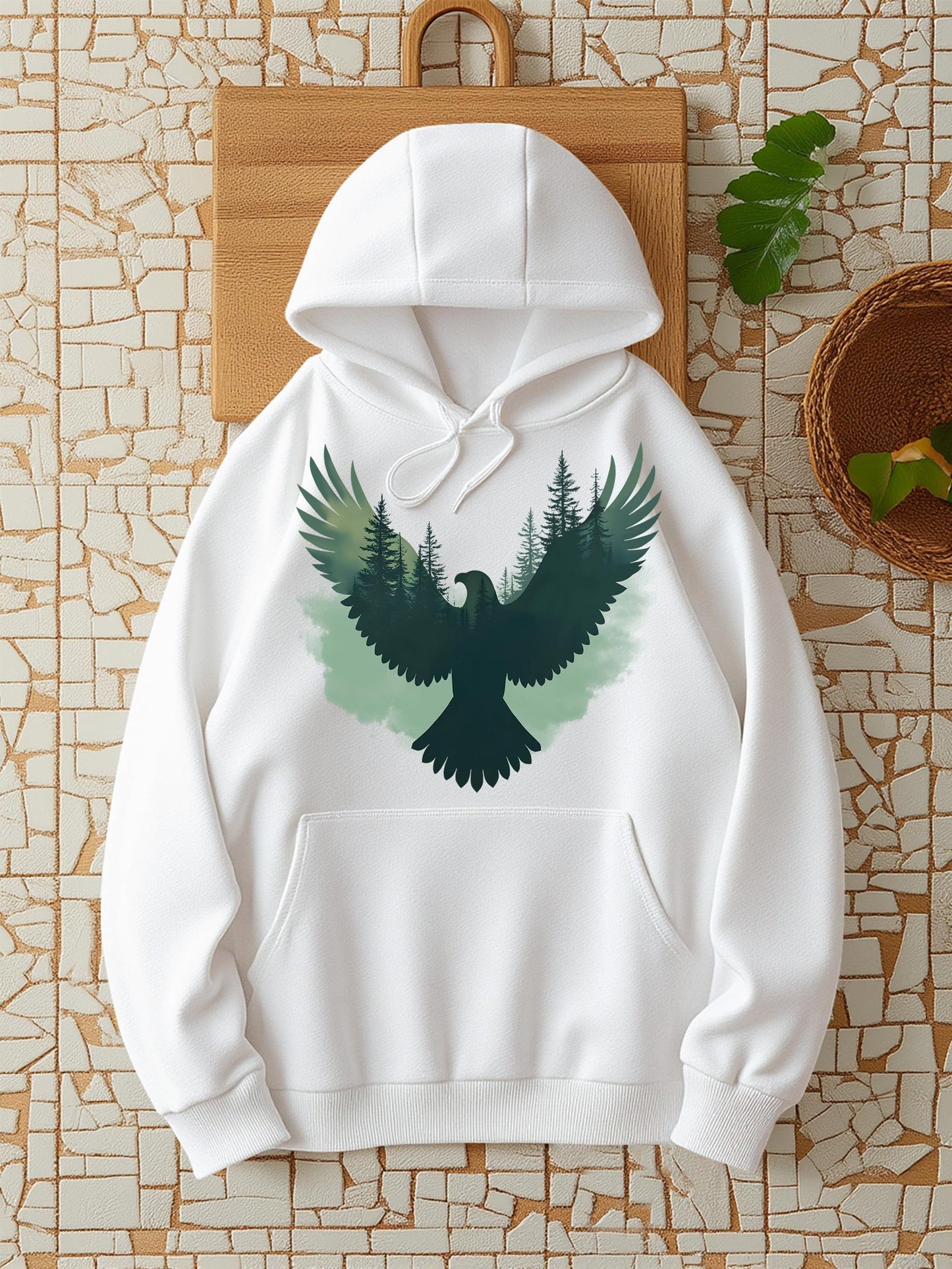 Women's Graphic Hoodie Misty Forest Silhouette Merging With Outstretched Wings Majestic Eagle