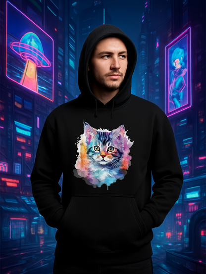 Men's Graphic Hoodie Vibrant Neon Lights With Dreamy Colorful Painted Cat