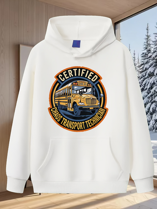 Men's Graphic Hoodie Certified Yellow School Bus Badge In Retro Style Technician