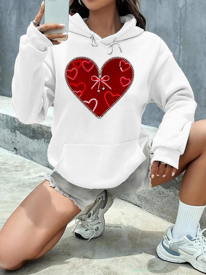 Women's Graphic Hoodie Playful Red Hearts Patterned Gift Box With Bold Ribbon Heart