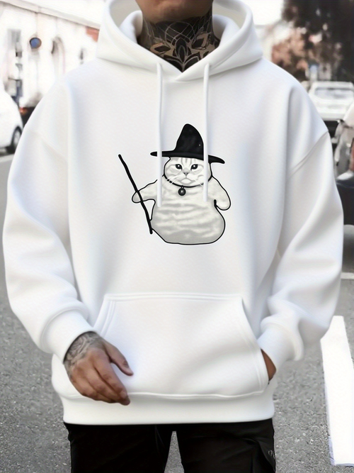 Men's Graphic Hoodie Cozy Winter Street With Wizard Hat Wearing Snowman