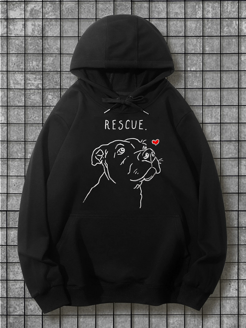 Men's Graphic Hoodie Rescue Minimalist Sketch Art With Red Heart Dog