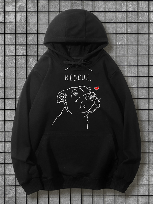 Men's Graphic Hoodie Rescue Minimalist Sketch Art With Red Heart Dog
