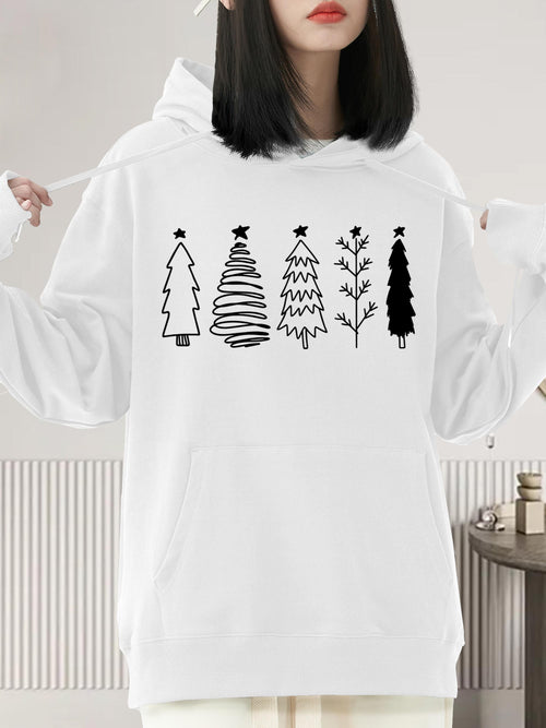 Women's Graphic Hoodie Minimalist Doodle Christmas Trees With Star Ornaments Lined Up Peaceful Tree