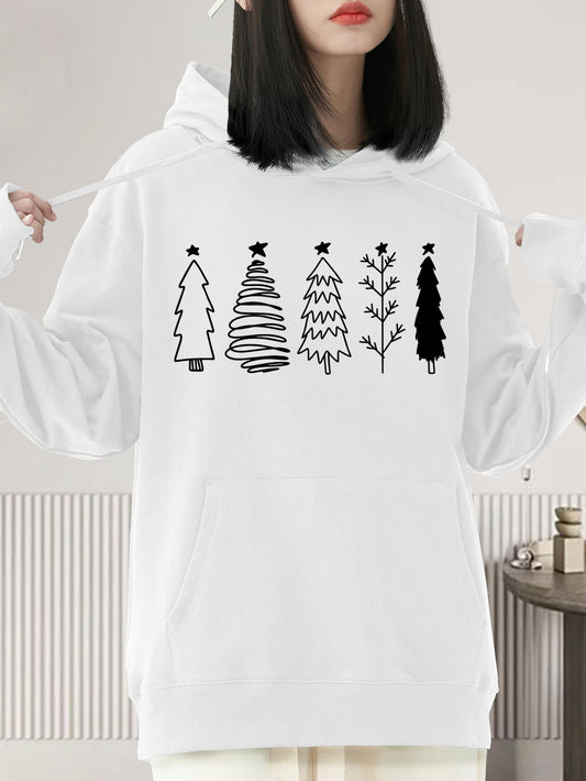 Women's Graphic Hoodie Minimalist Doodle Christmas Trees With Star Ornaments Lined Up Peaceful Tree