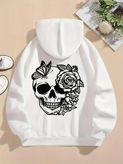 Women's Graphic Hoodie Monochrome Skull With Detailed Flowers And Delicate Butterflies Skull