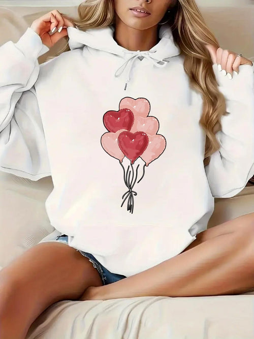 Women's Graphic Hoodie Romantic Pink Balloons With Floating Watercolor Heart Balloons