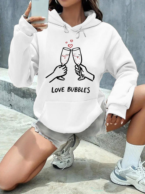 Women's Graphic Hoodie Love Bubbles Toasting Glasses With Sparkling Effervescent Hearts Champagne
