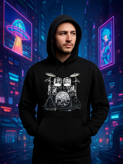 Men's Graphic Hoodie City Lights Reflected On Neon Lit Drum Set