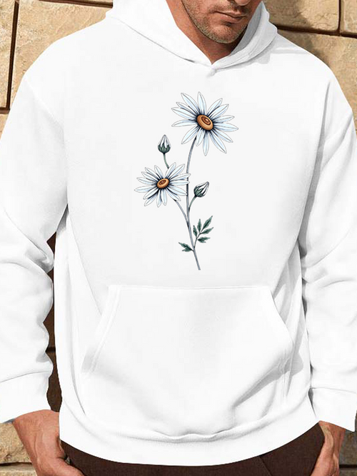 Men's Graphic Hoodie Hand Drawn Delicate Wildflowers With Soft Leaves And Simple Botanical Stems Daisy