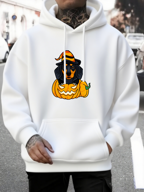 Men's Graphic Hoodie Halloween Witch Hat With Pumpkin And Playful Black Dog