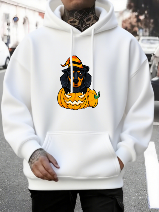 Men's Graphic Hoodie Halloween Witch Hat With Pumpkin And Playful Black Dog