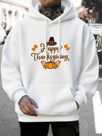 Men's Graphic Hoodie Happy Thanksgiving Pilgrim Hat With Autumn Leaves And Pumpkins Hoodie