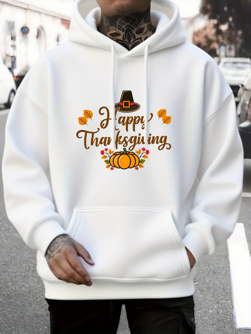 Men's Graphic Hoodie Happy Thanksgiving Pilgrim Hat With Autumn Leaves And Pumpkins Hoodie