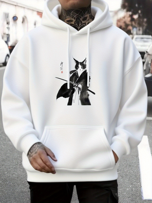Men's Graphic Hoodie Traditional Ink Art Style Warrior Cat With Katana In Samurai Robe