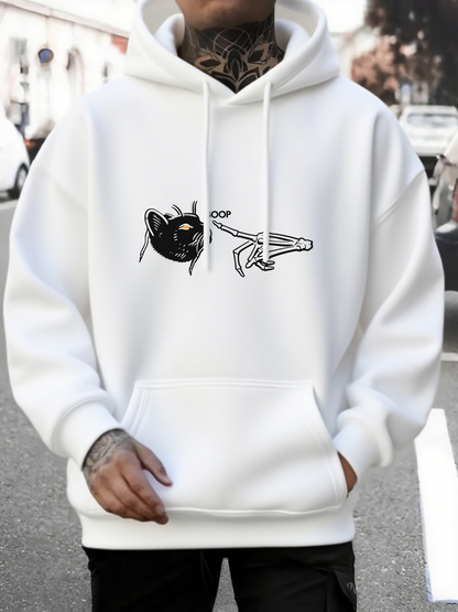 Men's Graphic Hoodie Playful Black Cat With Floating Chopsticks On White Hoodie