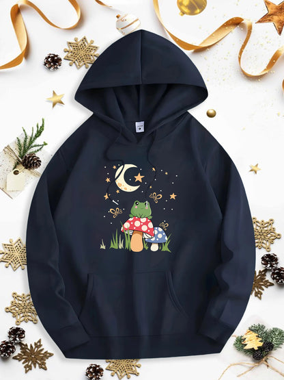 Men's Graphic Hoodie Starry Night With Moonlight Forest Mushrooms And Friendly Frog